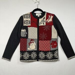 Vtg 90s Merino Wool Holiday Motif Cardigan Sz Petite Novelty Zip Granny Sweater
